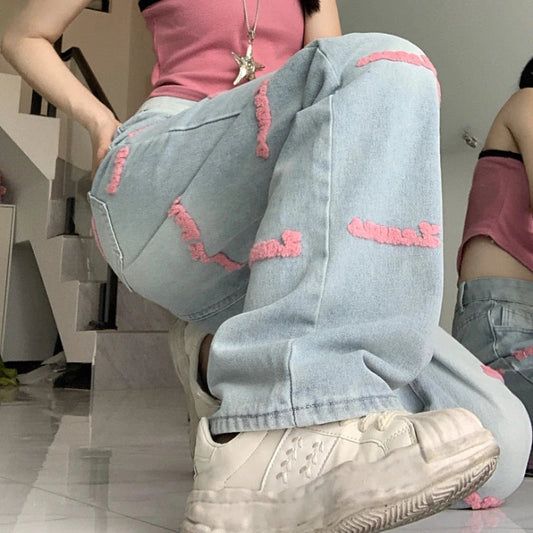 Vintage Letters Embroidery Loose Washed Jeans Women Summer New High Waist All Match Casual Wide Leg Pants