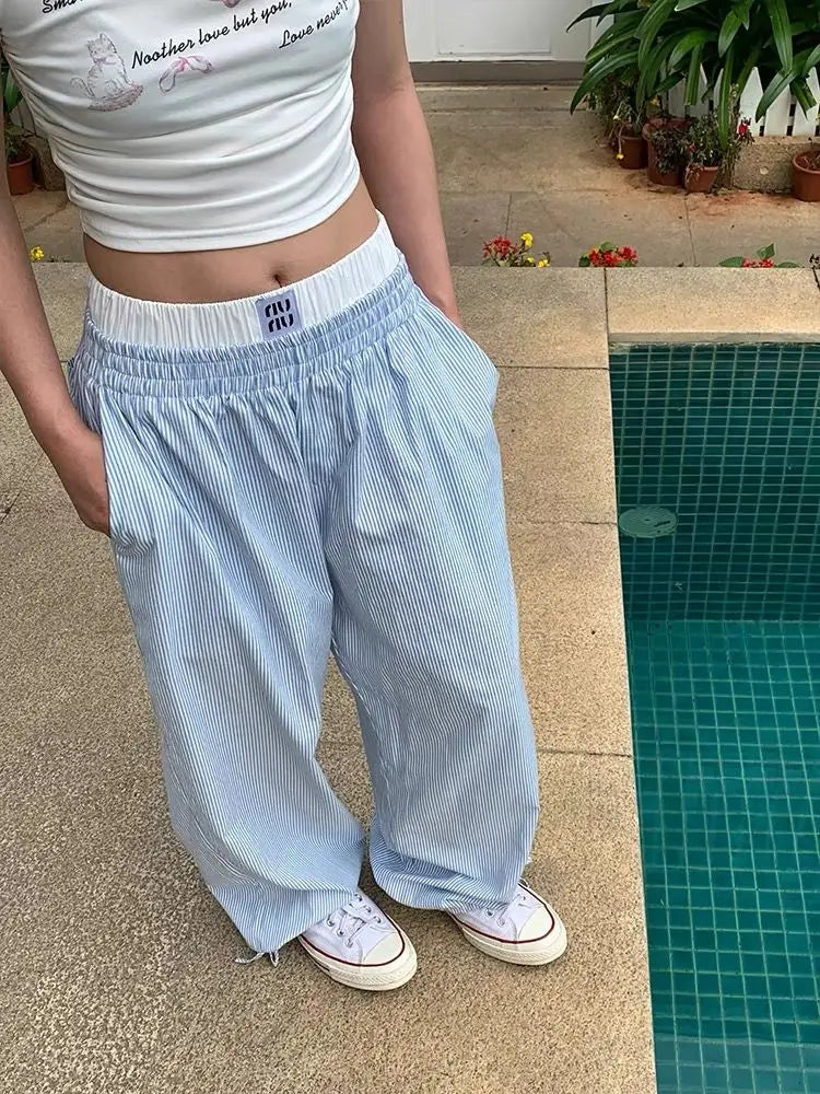 Summer Striped Pants Women Fashion Casual Wide Leg Pants Harajuku Patchwork Fake Two Pieces Trousers Korean Streetwear