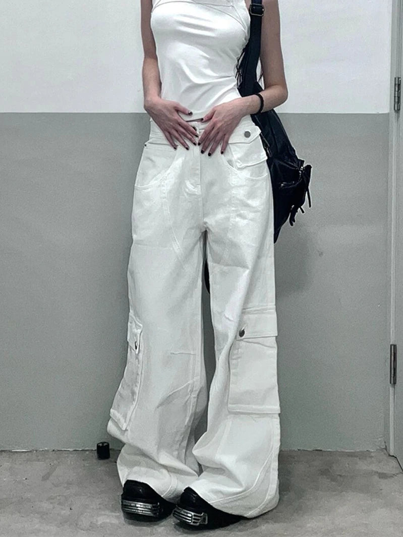 Summer White Womens Jeans High Waist Baggy Casual Vintage Y2K Trend Straight Cargo Pants Street American Wide Leg Denim Trouser