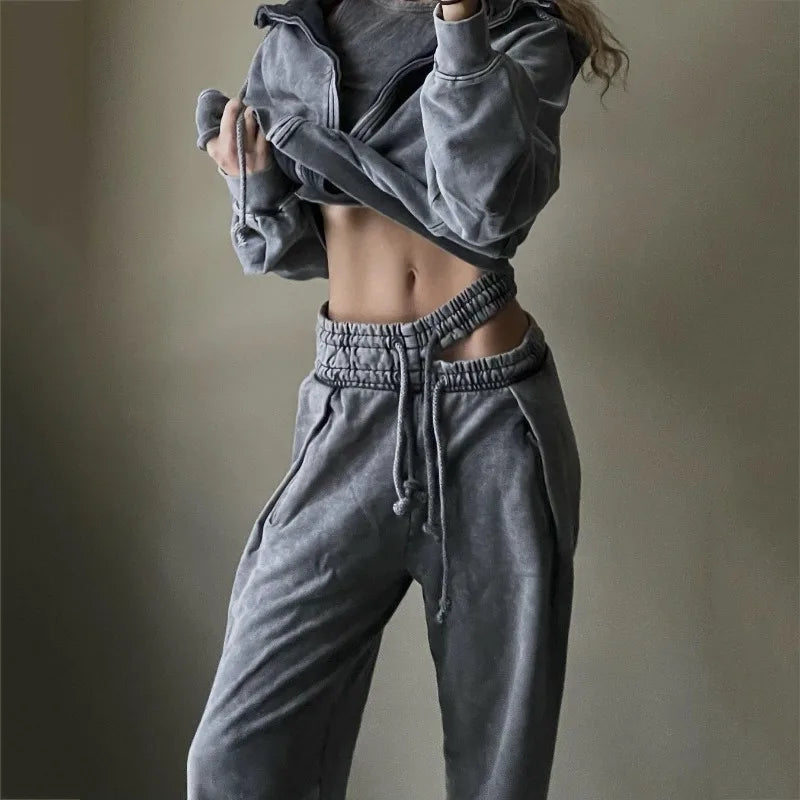 Sweatpants Women Gray Loose Casual Wide Leg Trousers Hollow Out Streetwear Vintage Female Clothing