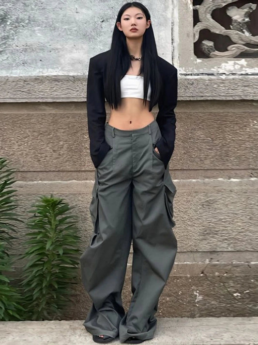 Y2k Streetwear Pockets Cargo Pants Harajuku Low Rise Baggy Straight Pants Loose American Retro Trousers Aesthetic 2024