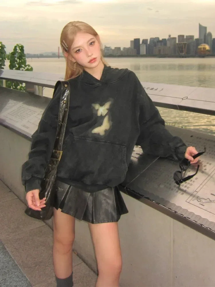 Butterflies Print Black Hoodie Women Streetwear Harajuku Oversized Pullover Sweatshirts Maillard Reaction Cotton Clothes