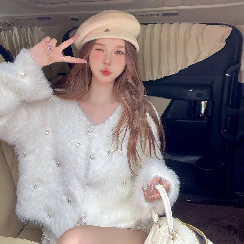 Sweet Hot Girl Mink Fur Knitted Cardigan Women's Autumn and Winter Loose Oneck Longsleeved Short Top Fashion Female Clothes