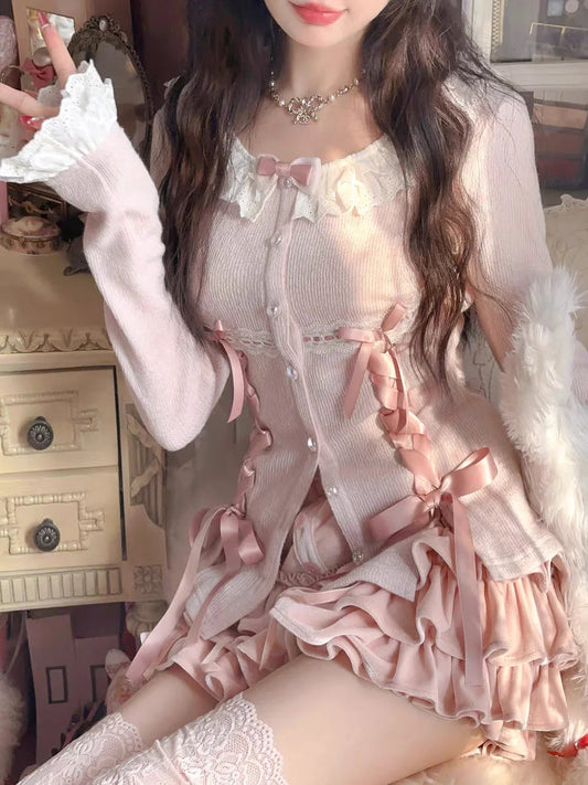 Women's Soft Sweater Cardigan 2024 New Autumn Bow Pearl Single Breasted Oneck Sweater Sweet Coat