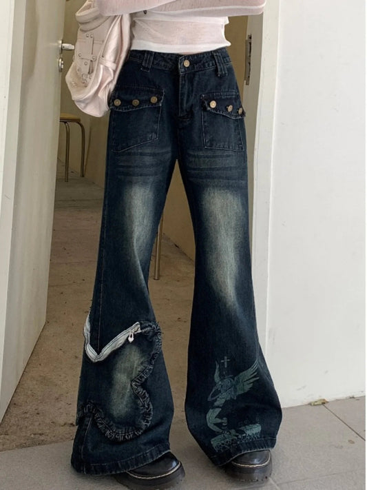Women's Blue Baggy Jeans Aesthetic Vintage Oversize Cowboy Pants Harajuku Straight Denim Trousers Y2k 2000s Trashy Clothes 2024