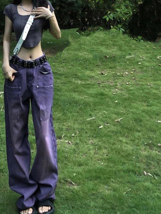 Woman Aesthetics Jeans American Style Denim Gyaru Pants High Street Tide Vintage FloorLength Wide Leg Straight Leg Tiedyed