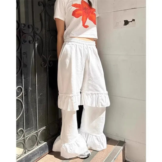 Vintage Korean Retro Ruffled Stitching Drawstring Casual Pants Women Spring and Summer Chic White Flare Pants