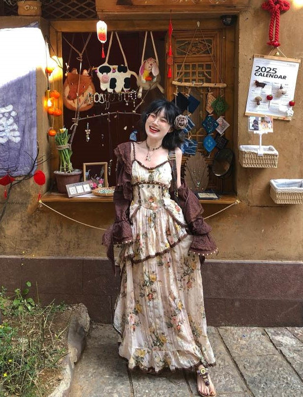 Wild Rose Bohemian Set Asymmetrical Cotton-Rayon Maxi Skirt + Flowy Cardigan Vintage style