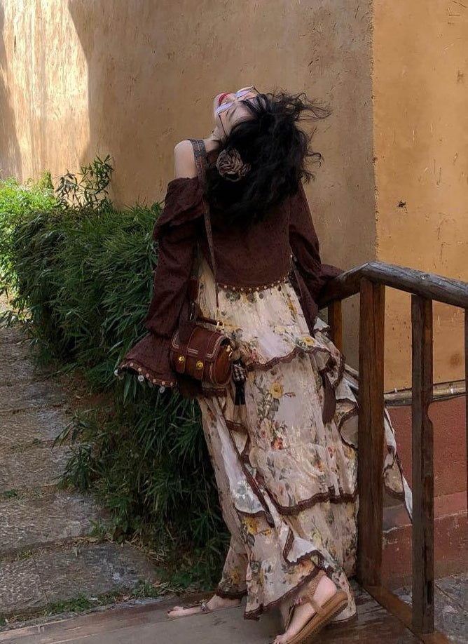 Wild Rose Bohemian Set Asymmetrical Cotton-Rayon Maxi Skirt + Flowy Cardigan Vintage style