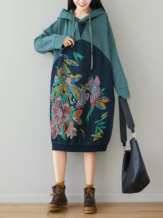 Women Print Colorblock Hooded Sweatshirt