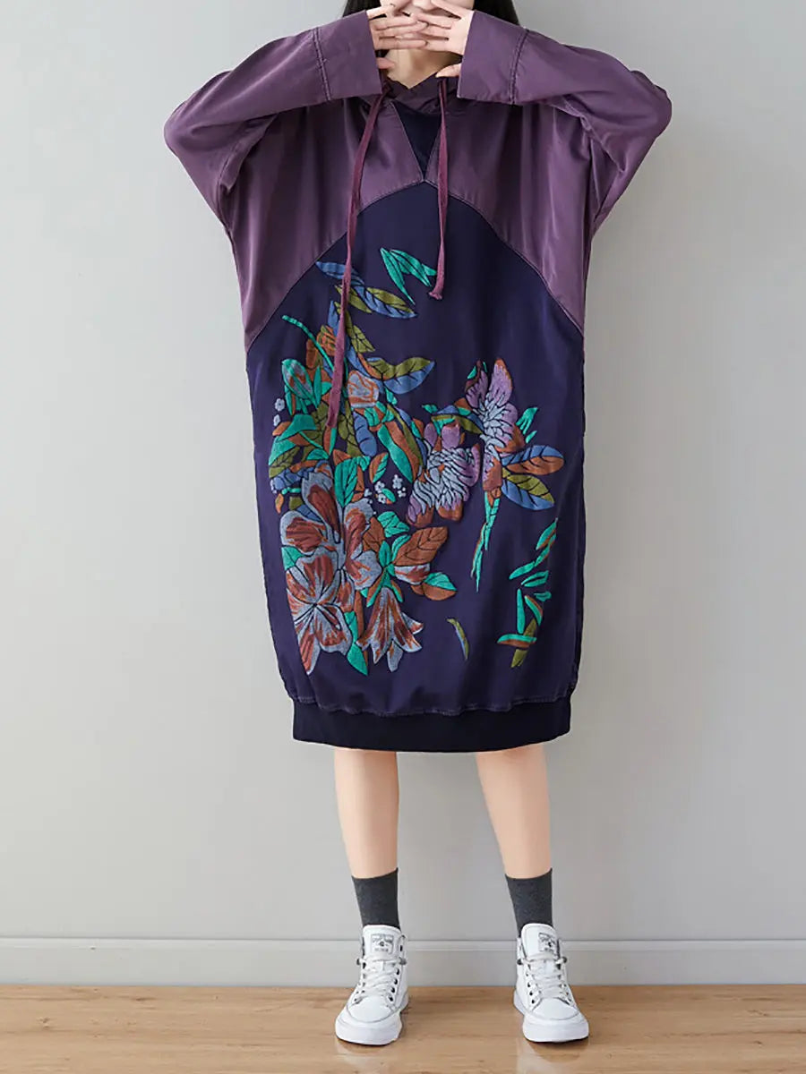 Women Print Colorblock Hooded Sweatshirt