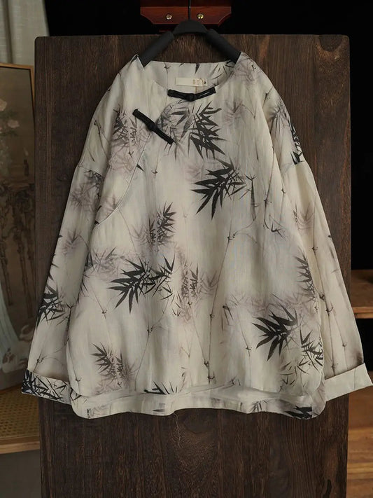 Women Bamboo Leaf Print Ramie Sweatshirt