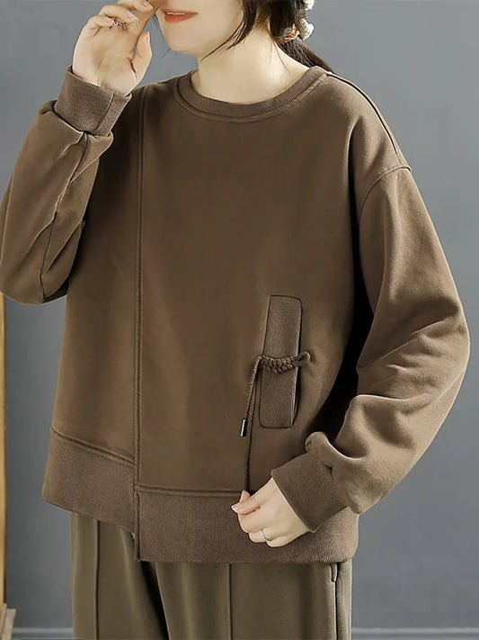 Women Cotton Irregular Spliced Fleece-lined Sweatshirt