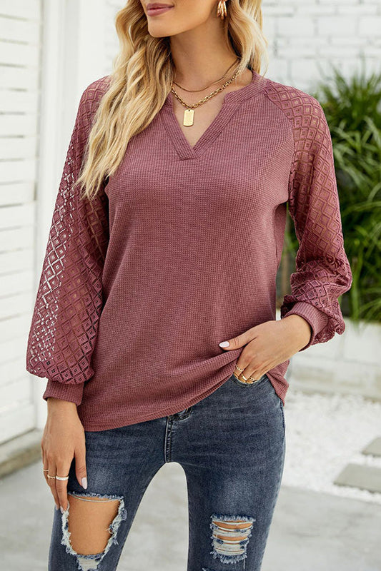 Waffle Grace Stitching Long Sleeve V-Neck T-Shirt Top Women
