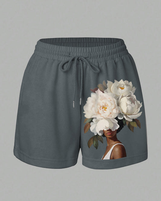 100% Cotton Flowers Black Women Art Summer Sweat Shorts