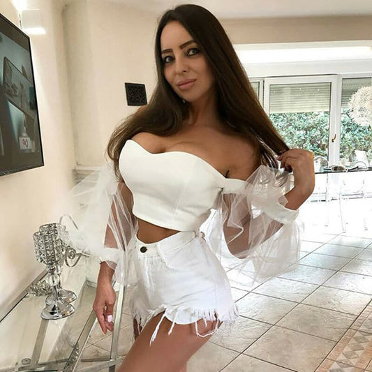 Women See-through Off Shoulder T-shirt