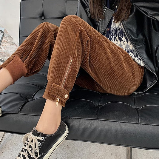 Winter Corduroy Pants Women Thick Warm Plus Size Fashion Zipper Elastic High Waist Pencil Pant Causal Loose Baggy Trousers