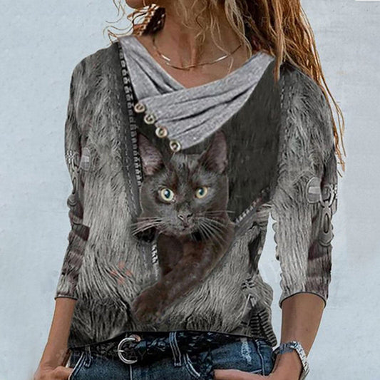 Women Tunic Vintage Casual Tops Cross V-neck Buttons Printing Long Sleeve Sweaters Top Summer Female T-shirt Female Clothing